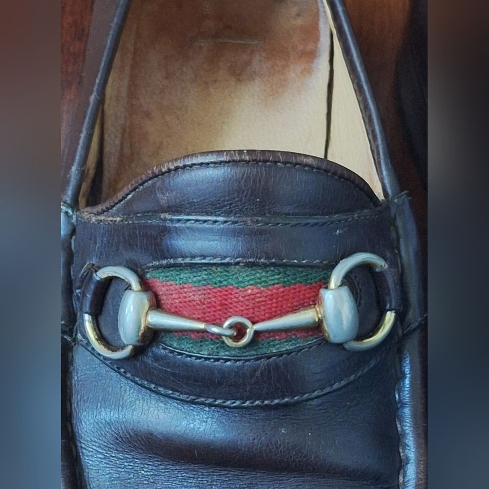Gucci 80s Men’s Brown Leather 1953 Gold Horsebit Loafers Green Red Web 42 USA 9 - Picture 9 of 12